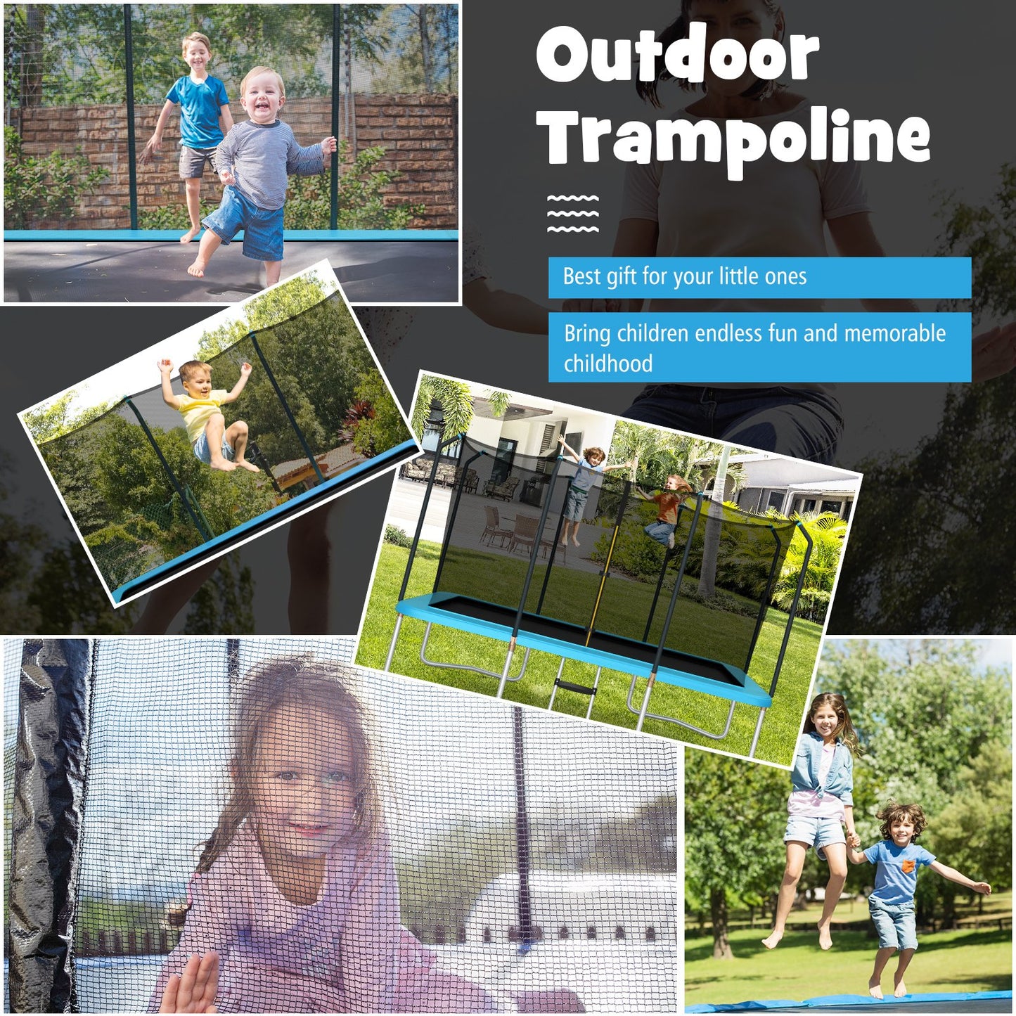 8 x 14 Feet Rectangular Recreational Trampoline with Safety Enclosure Net and Ladder-Blue