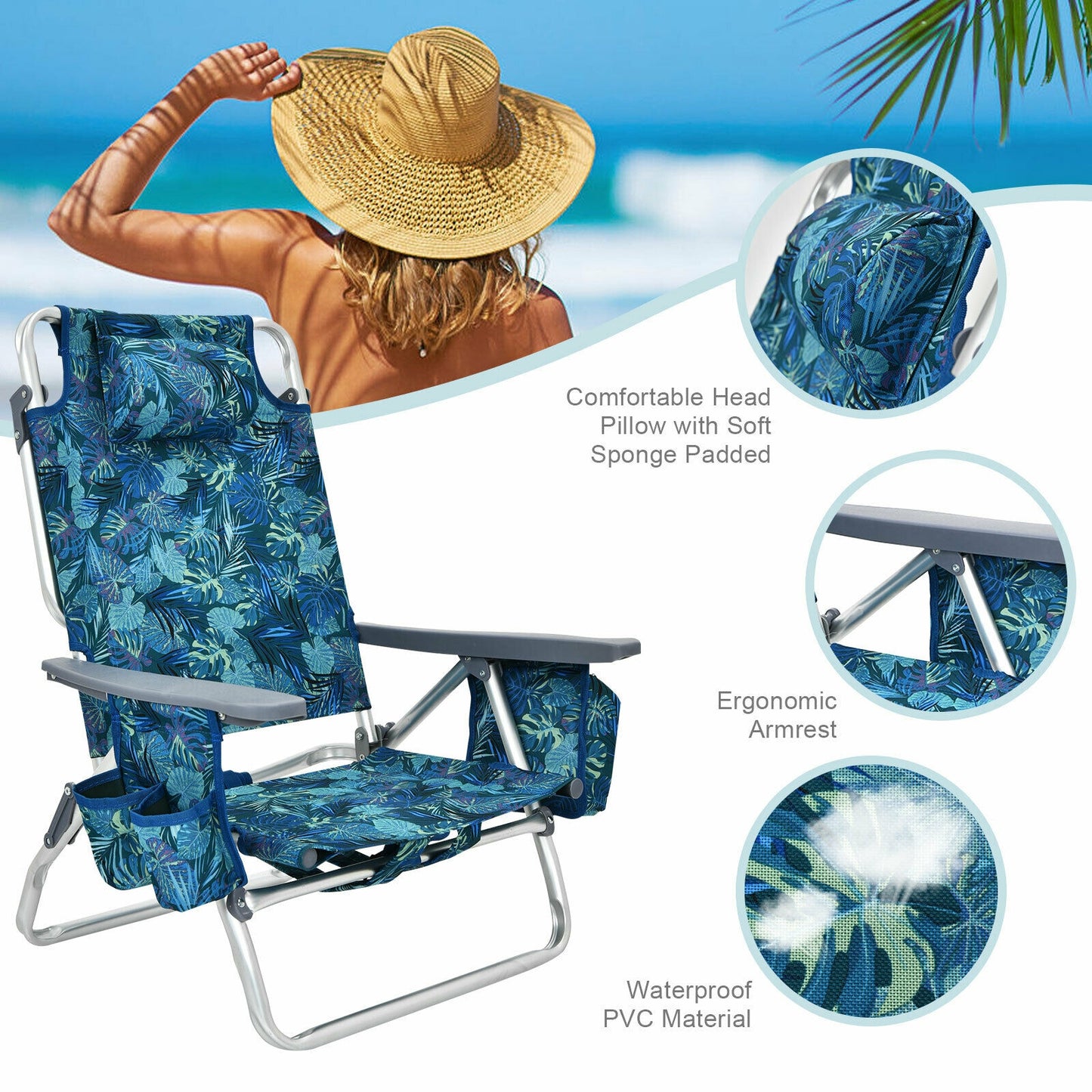 4-Pack 5-Position Outdoor Folding Backpack Beach Reclining Chair with Pillow-Navy