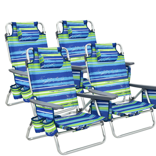 4-Pack 5-Position Outdoor Folding Backpack Beach Reclining Chair with Pillow-Blue
