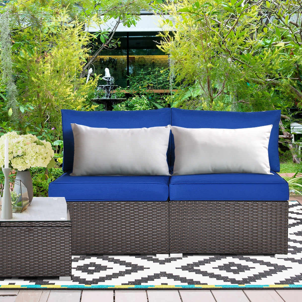 2 Pieces Patio Rattan Armless Sofa Set with 2 Cushions and 2 Pillows-Navy