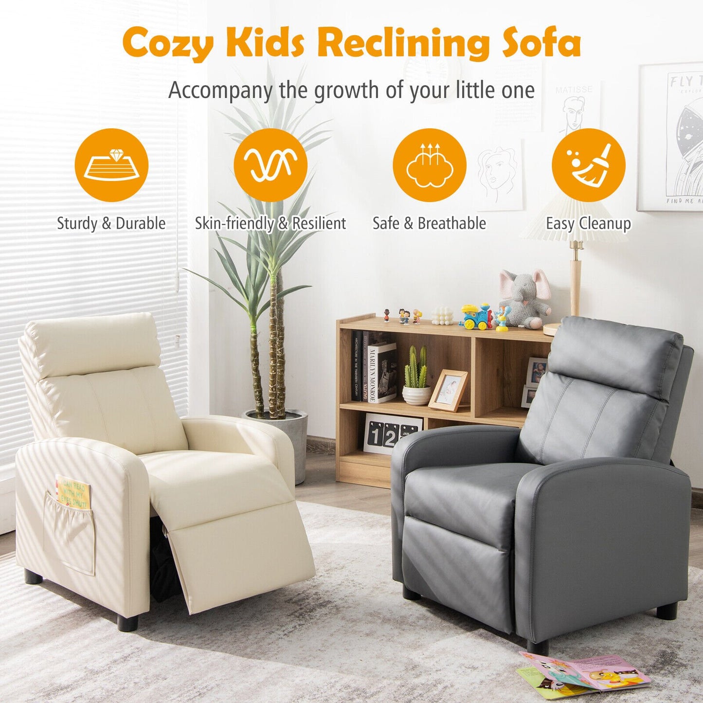 Ergonomic PU Leather Kids Recliner Lounge Sofa for 3-12 Age Group-Black