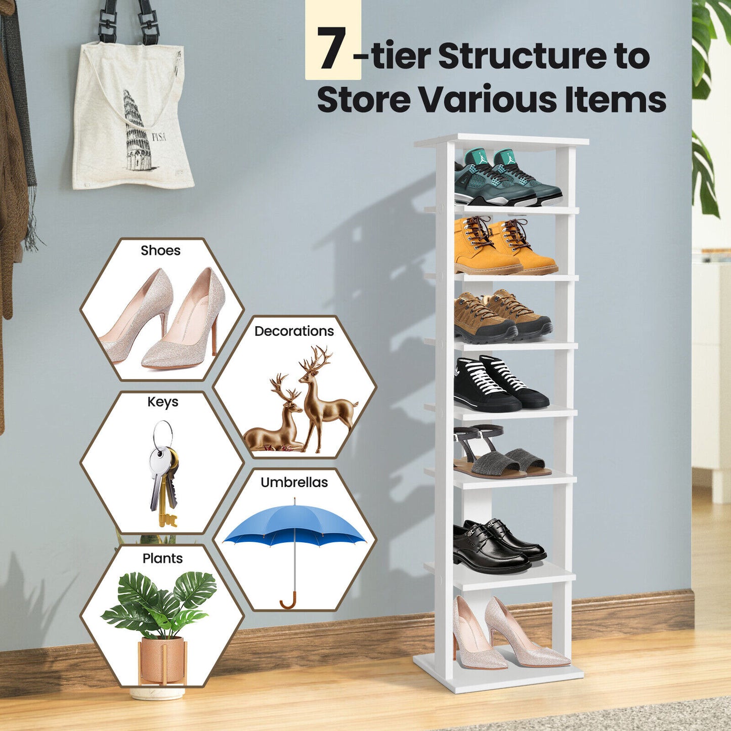 7-Tier Wooden Shoe Rack Narrow Vertical Shoe Stand Storage Display Shelf-White