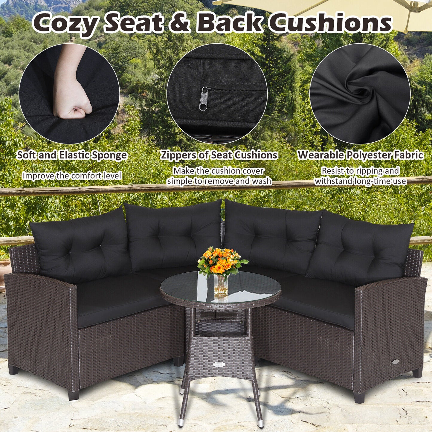 4 Pieces Patio Rattan Furniture Set Cushioned Sofa Glass Table-Black