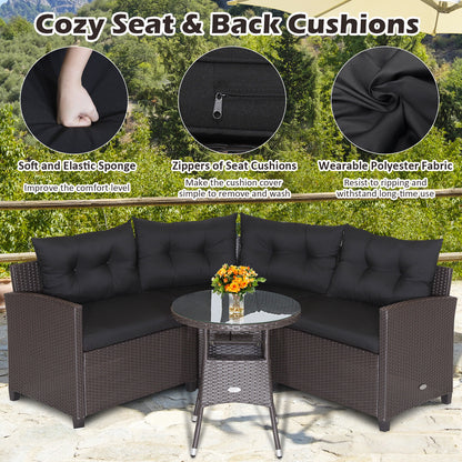 4 Pieces Patio Rattan Furniture Set Cushioned Sofa Glass Table-Black