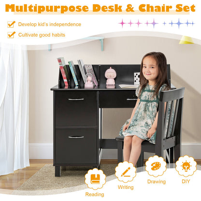 Kids Wooden Writing Furniture Set with Drawer and Storage Cabinet-Dark Brown