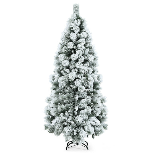 Flocked Hinged Artificial Slim Christmas Tree with Pine Needles-7 ft