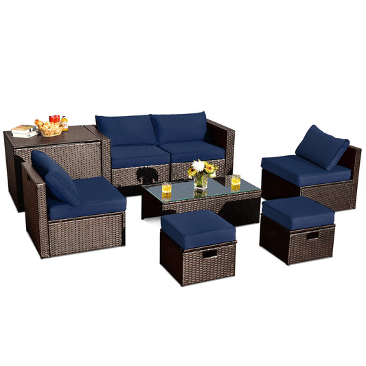 8 Pieces Patio Space-Saving Rattan Furniture Set with Storage Box and Waterproof Cover-Navy