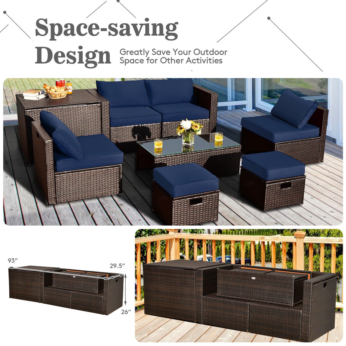 8 Pieces Patio Space-Saving Rattan Furniture Set with Storage Box and Waterproof Cover-Black