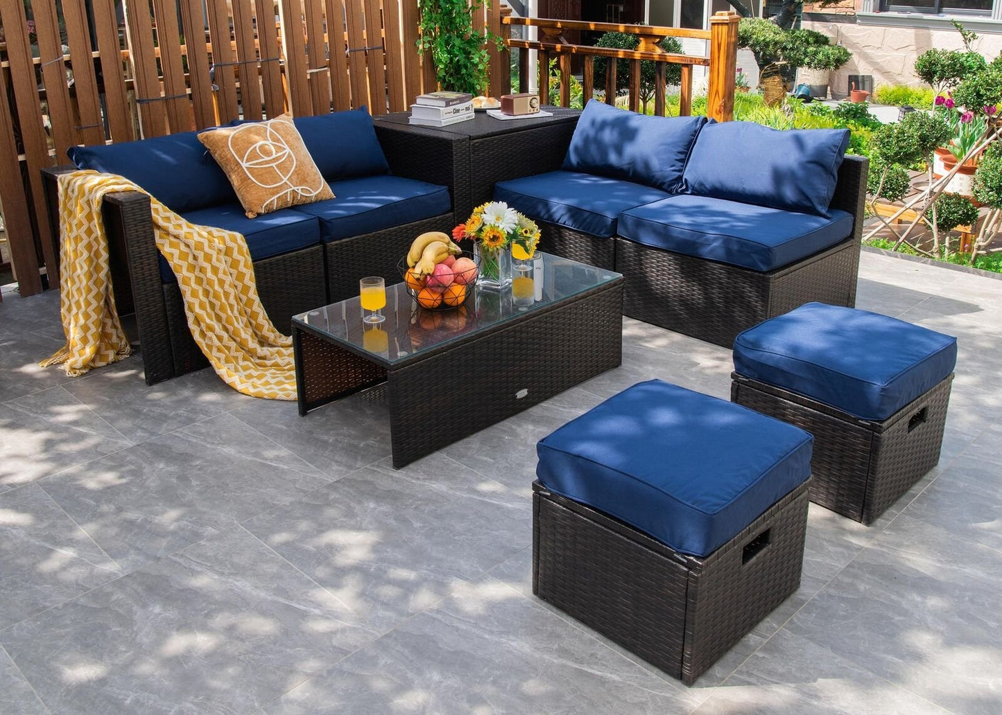 8 Pieces Patio Space-Saving Rattan Furniture Set with Storage Box and Waterproof Cover-Black