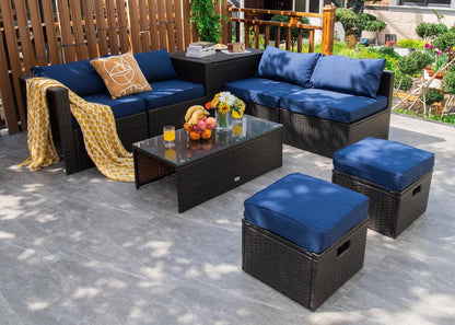 8 Pieces Patio Space-Saving Rattan Furniture Set with Storage Box and Waterproof Cover-Black