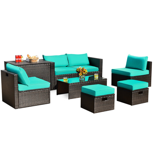 8 Pieces Patio Space-Saving Rattan Furniture Set with Storage Box and Waterproof Cover-Turquoise