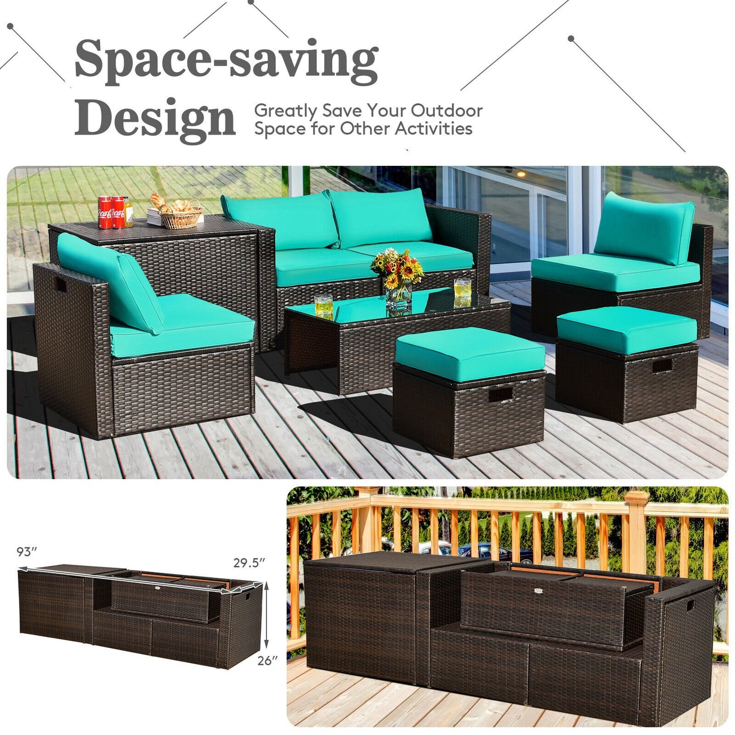 8 Pieces Patio Space-Saving Rattan Furniture Set with Storage Box and Waterproof Cover-Black