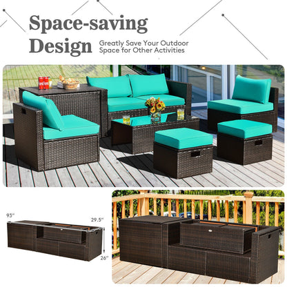8 Pieces Patio Space-Saving Rattan Furniture Set with Storage Box and Waterproof Cover-Black