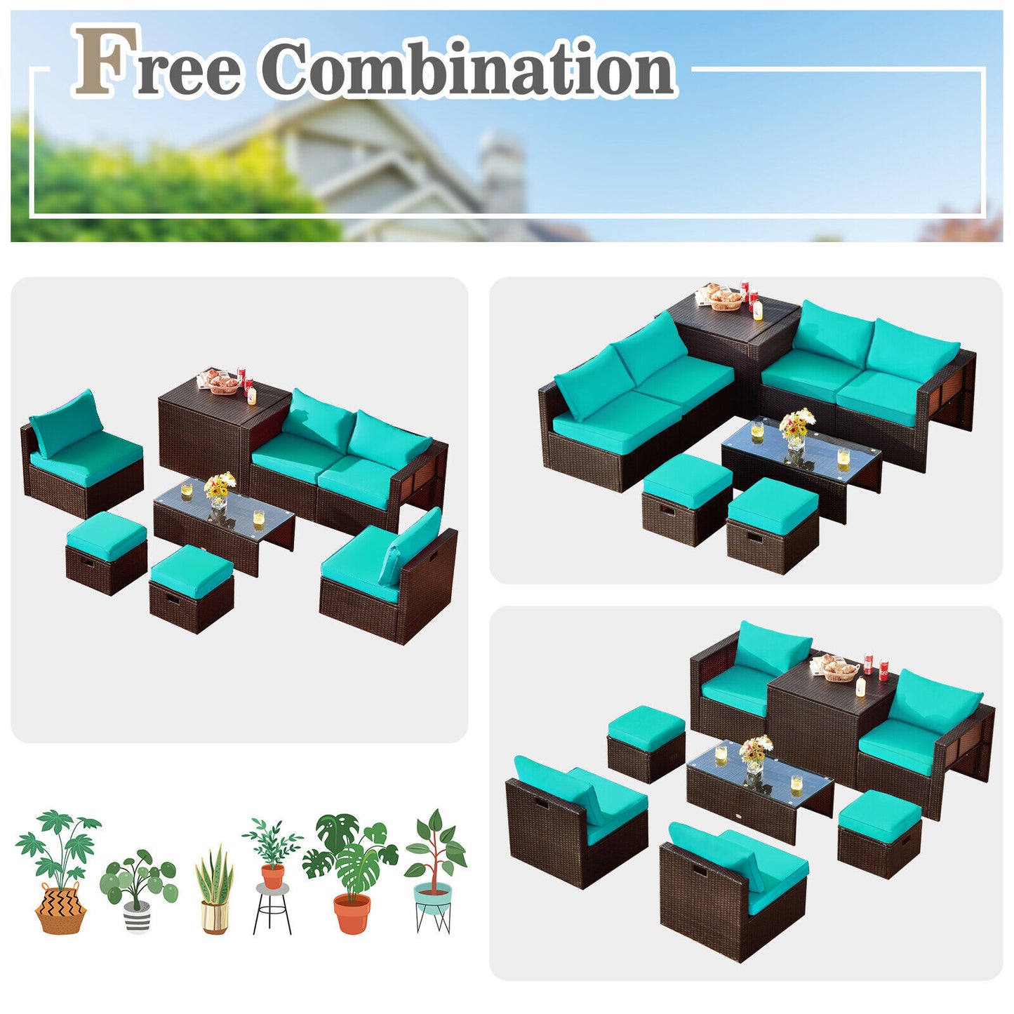 8 Pieces Patio Space-Saving Rattan Furniture Set with Storage Box and Waterproof Cover-Turquoise