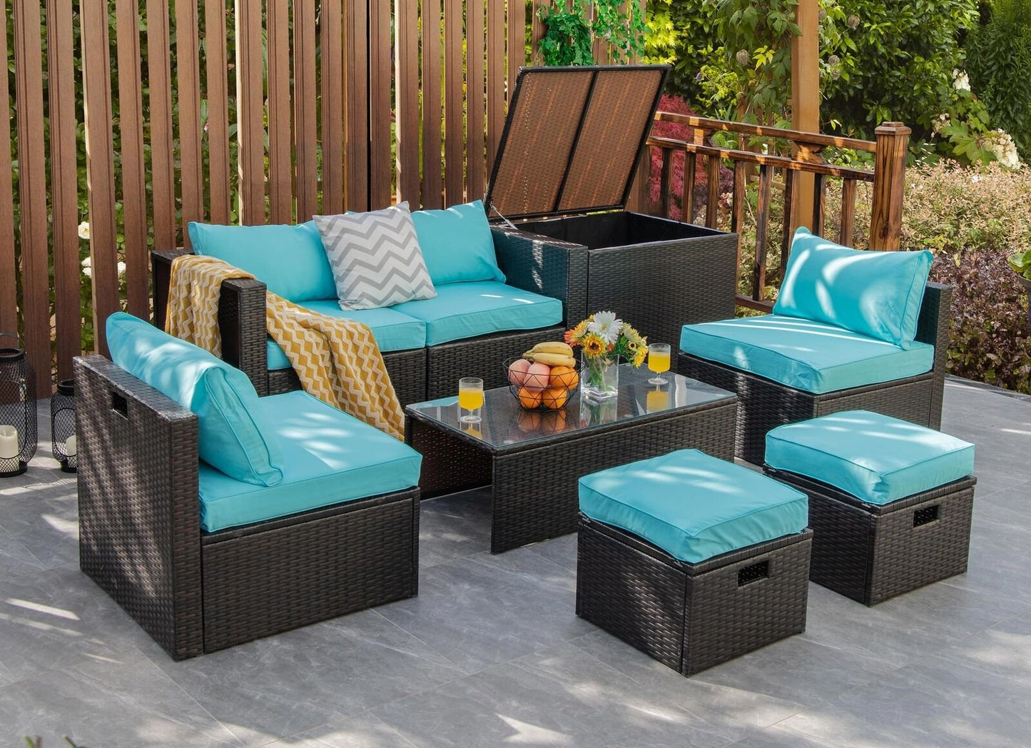 8 Pieces Patio Space-Saving Rattan Furniture Set with Storage Box and Waterproof Cover-Black