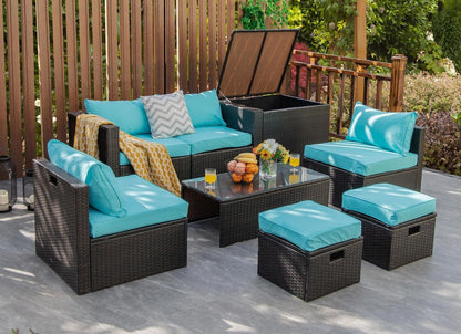 8 Pieces Patio Space-Saving Rattan Furniture Set with Storage Box and Waterproof Cover-Black