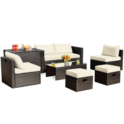 8 Pieces Patio Space-Saving Rattan Furniture Set with Storage Box and Waterproof Cover-Black