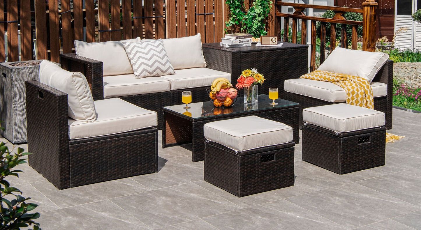 8 Pieces Patio Space-Saving Rattan Furniture Set with Storage Box and Waterproof Cover-Black