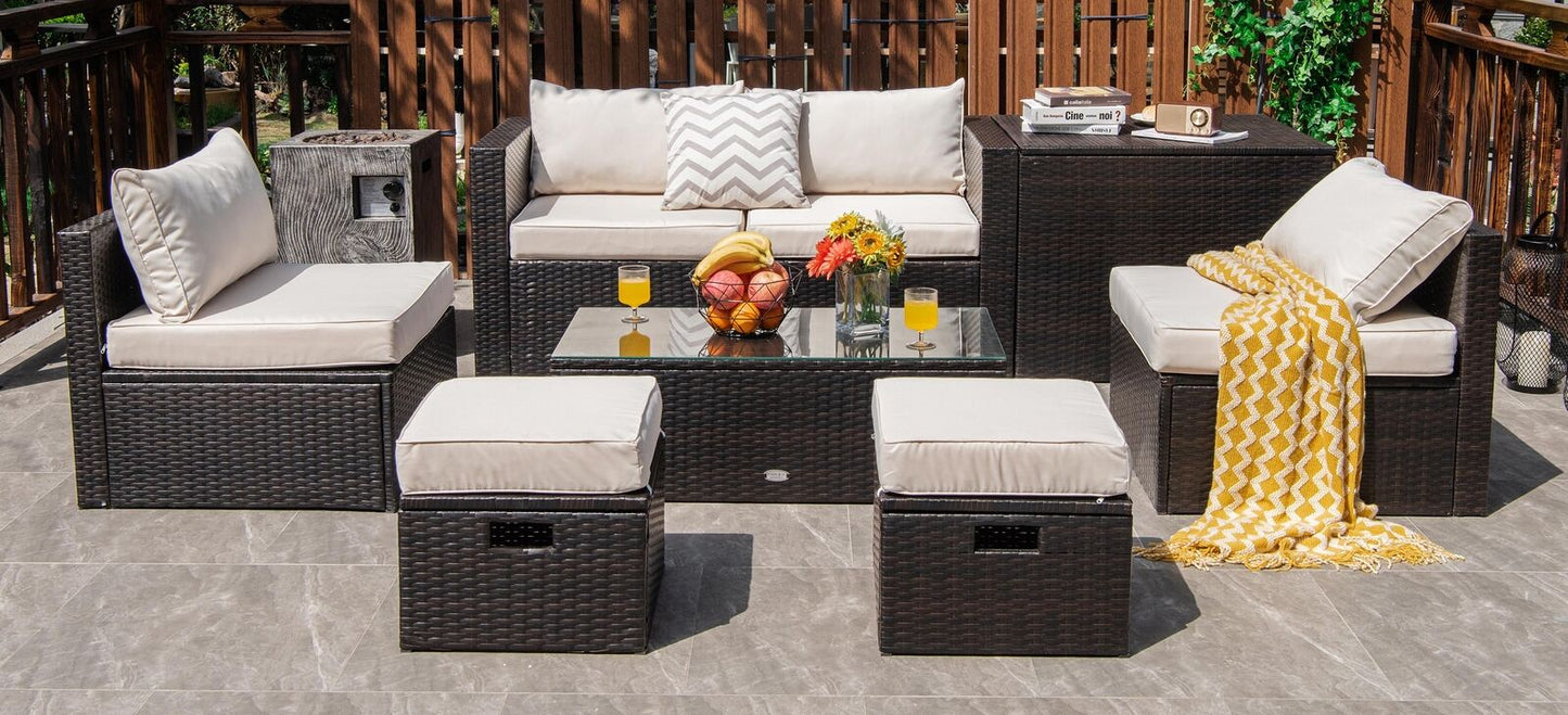 8 Pieces Patio Space-Saving Rattan Furniture Set with Storage Box and Waterproof Cover-White