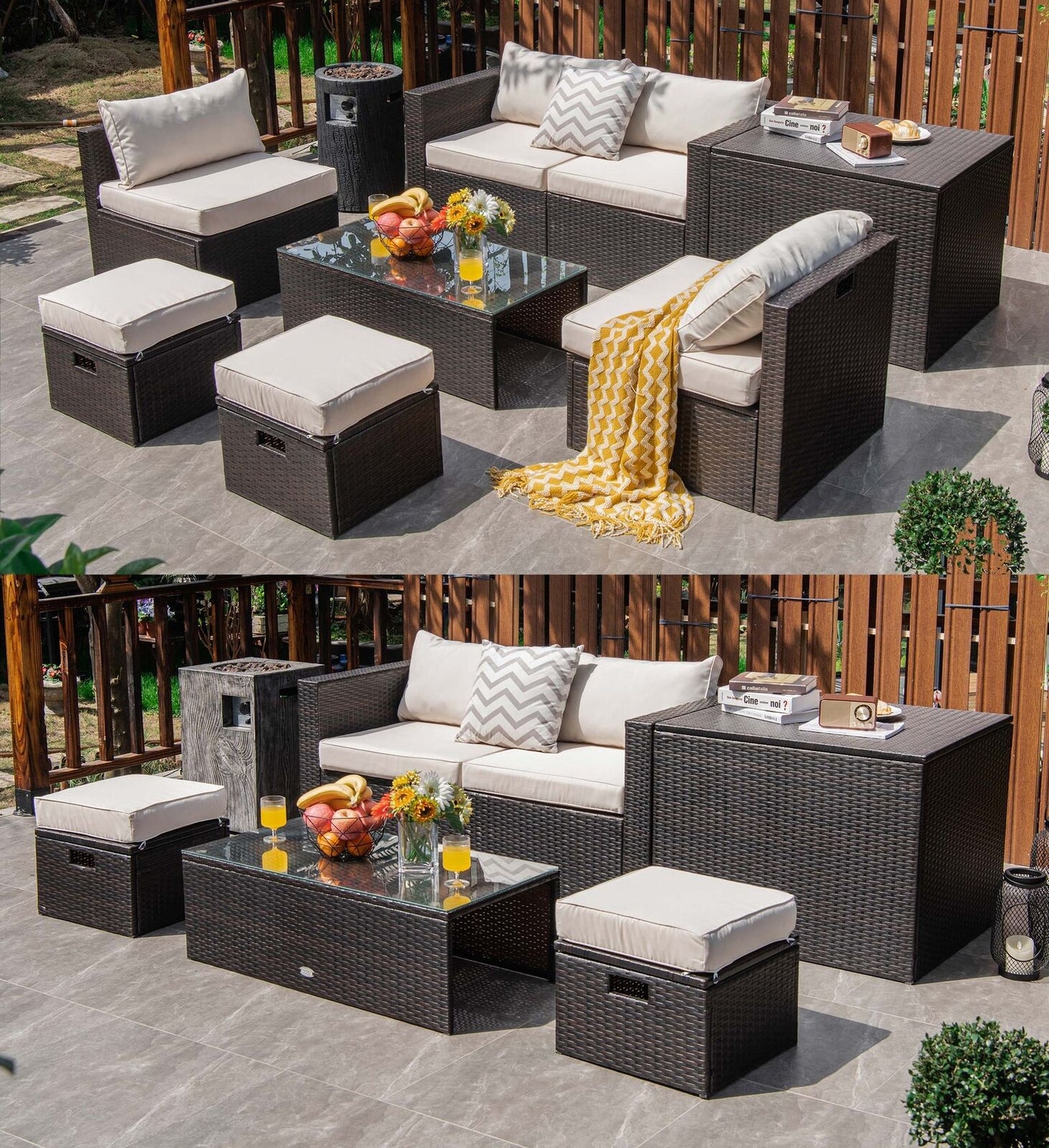 8 Pieces Patio Space-Saving Rattan Furniture Set with Storage Box and Waterproof Cover-White