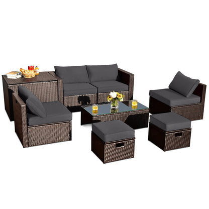 8 Pieces Patio Space-Saving Rattan Furniture Set with Storage Box and Waterproof Cover-Black