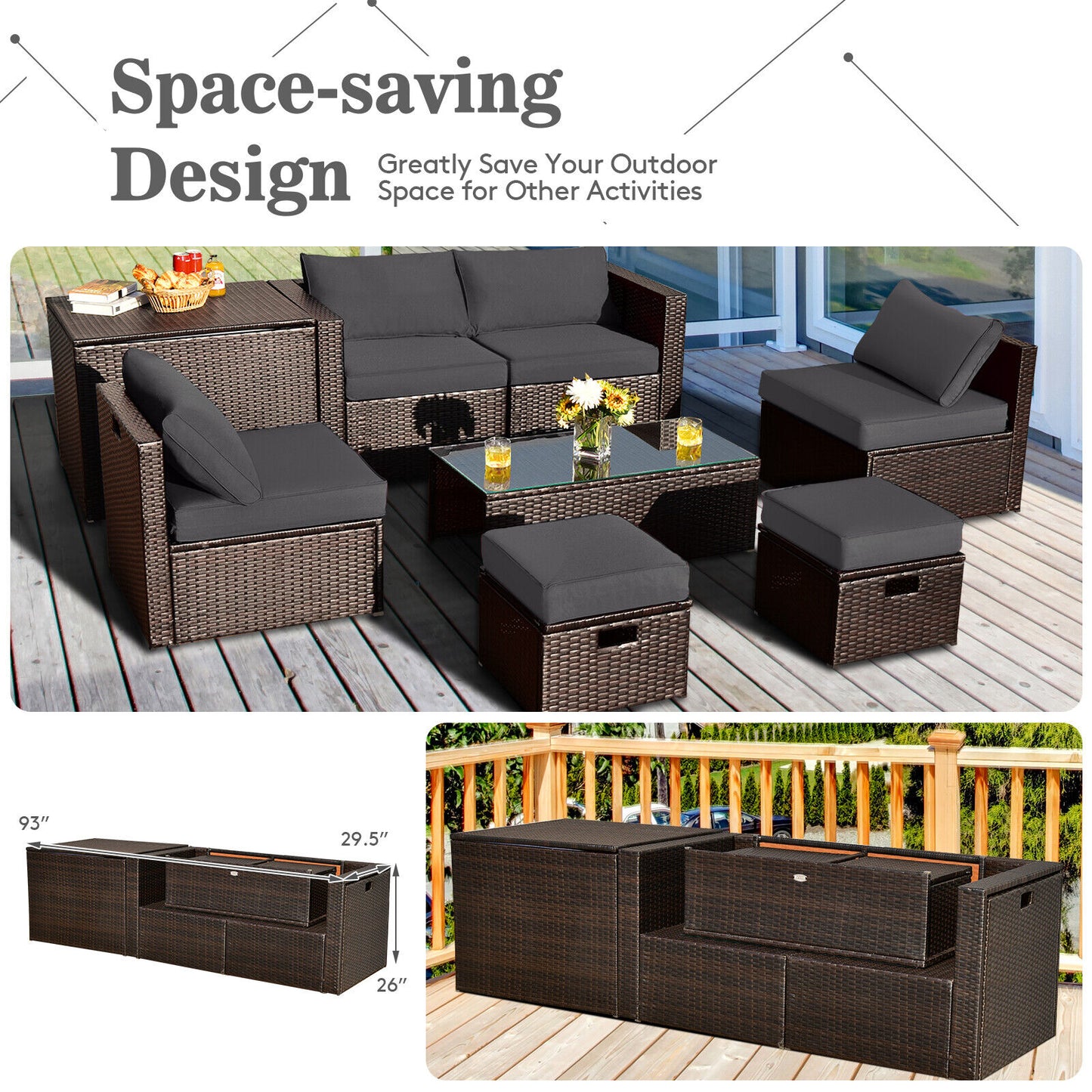 8 Pieces Patio Space-Saving Rattan Furniture Set with Storage Box and Waterproof Cover-Gray