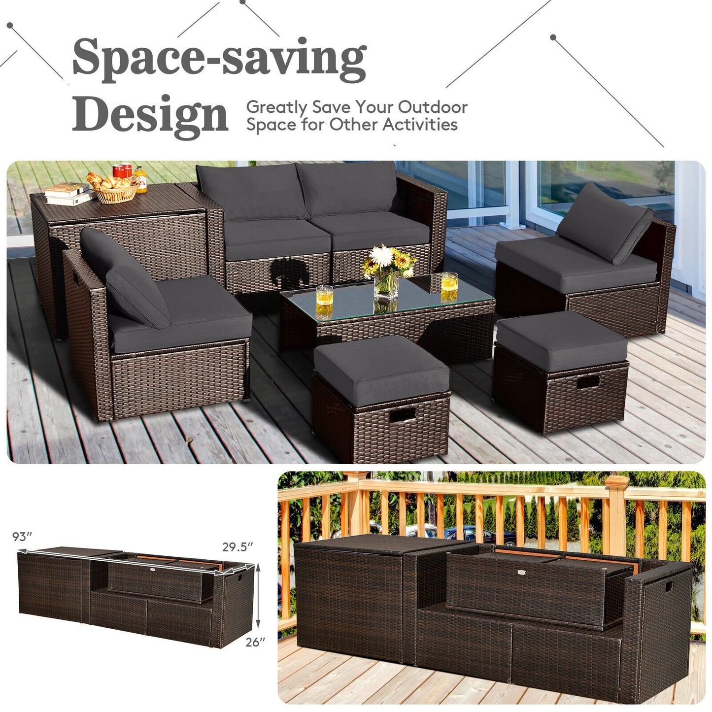 8 Pieces Patio Space-Saving Rattan Furniture Set with Storage Box and Waterproof Cover-Black