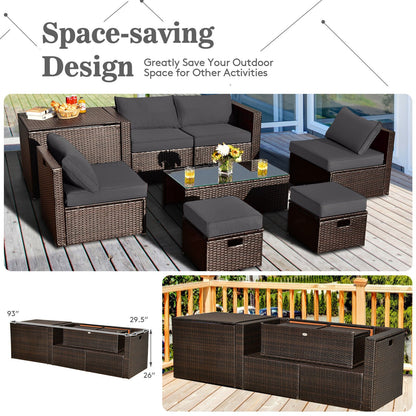 8 Pieces Patio Space-Saving Rattan Furniture Set with Storage Box and Waterproof Cover-Black