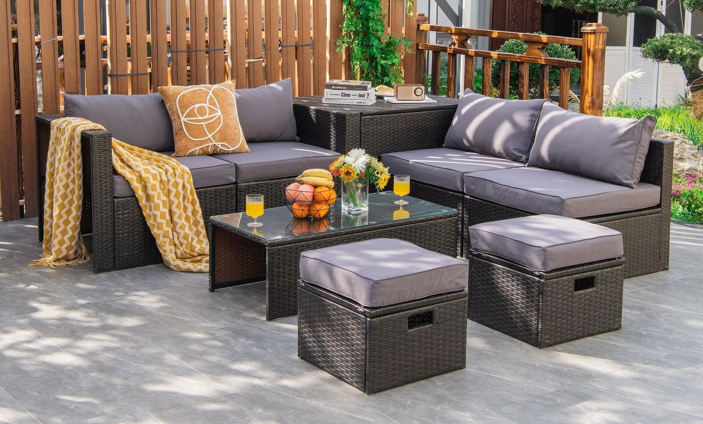 8 Pieces Patio Space-Saving Rattan Furniture Set with Storage Box and Waterproof Cover-Black