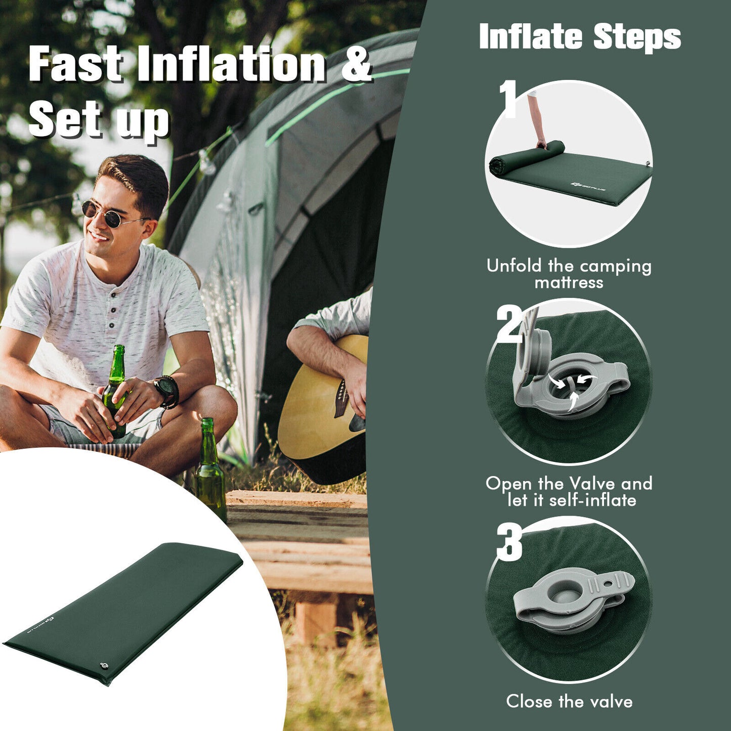 Self-inflating Lightweight Folding Foam Sleeping Cot with Storage bag-Green