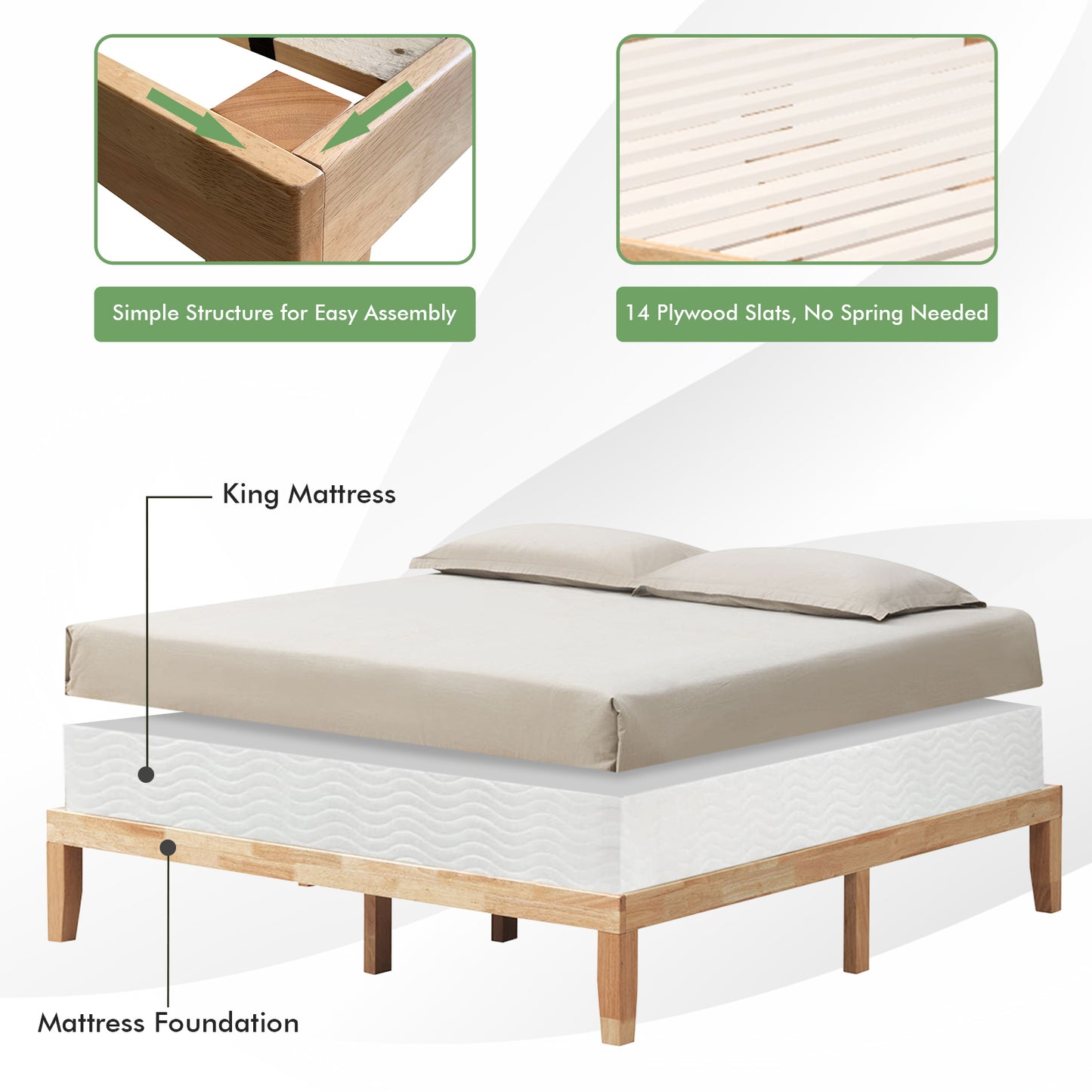 14 Inch King Size Wood Platform Bed Frame-Natural