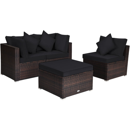 4 Pieces Ottoman Garden Patio Rattan Wicker Furniture Set with Cushion-Black