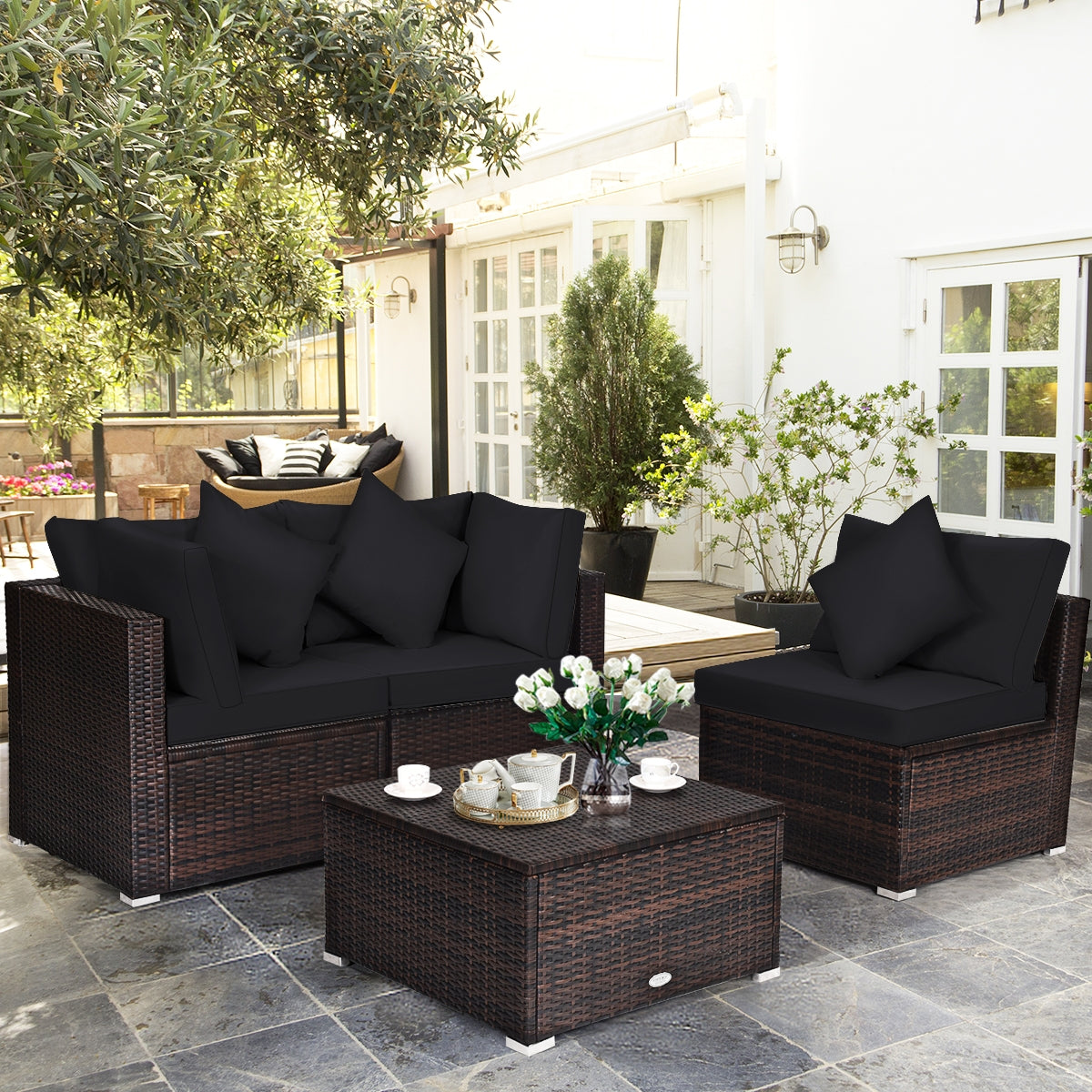 4 Pieces Ottoman Garden Patio Rattan Wicker Furniture Set with Cushion-Black