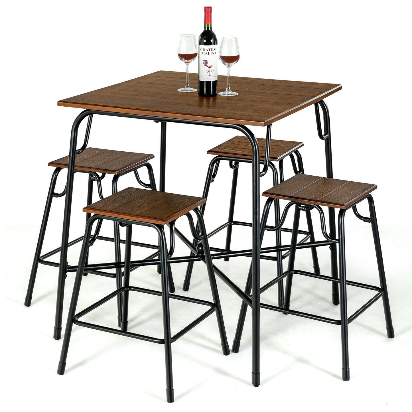 5 Pieces Bar Table Set with 4 Counter Height Backless Stools-Rustic Brown