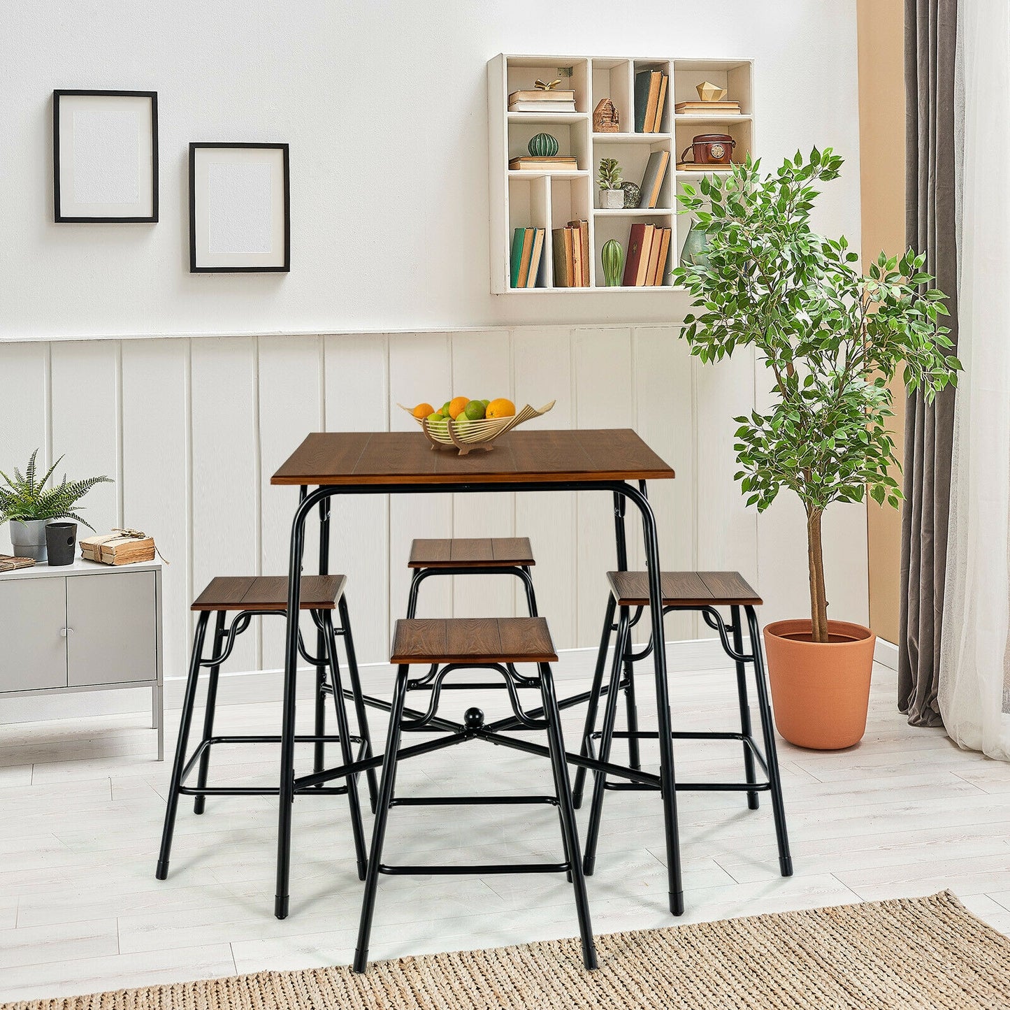 5 Pieces Bar Table Set with 4 Counter Height Backless Stools-Rustic Brown