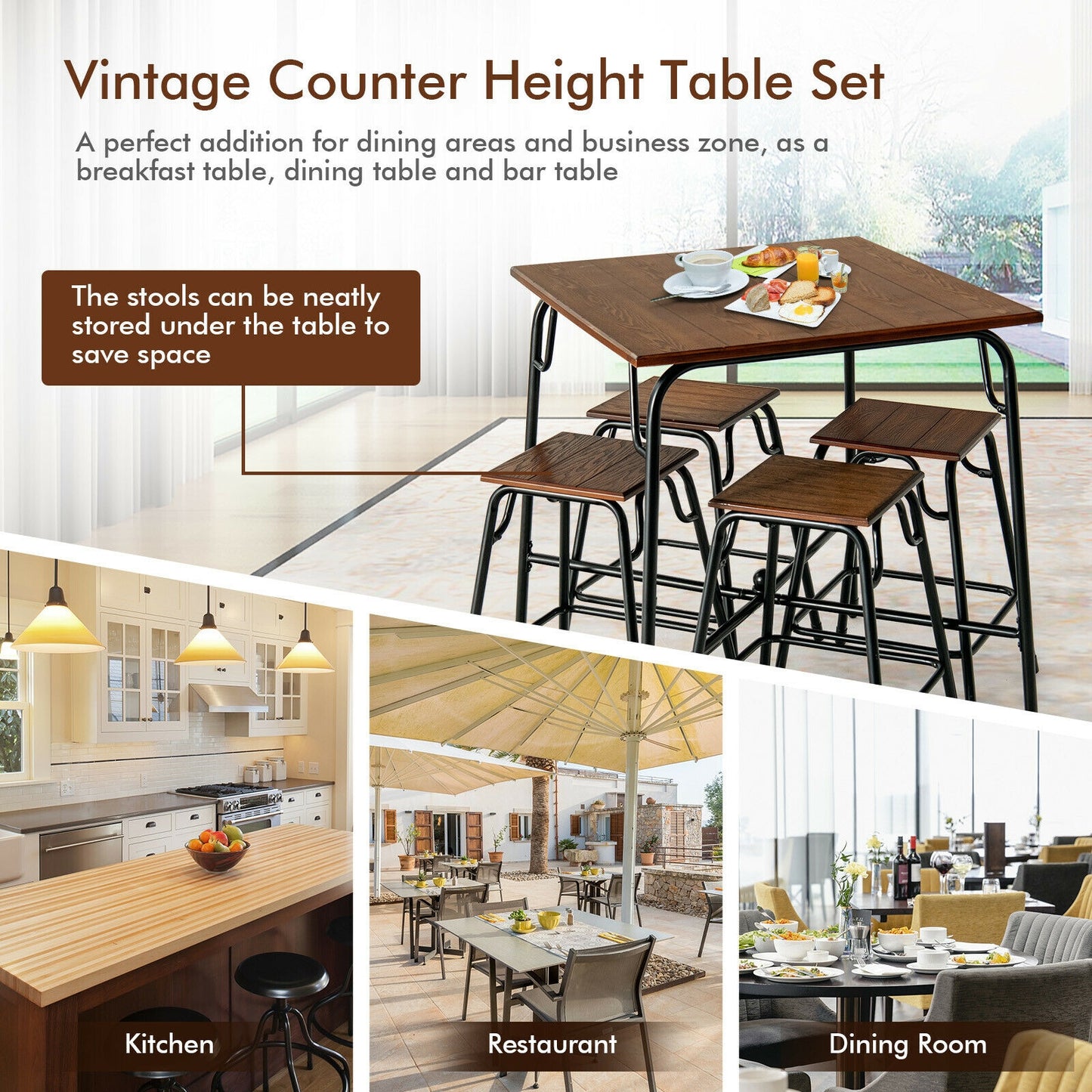 5 Pieces Bar Table Set with 4 Counter Height Backless Stools-Rustic Brown