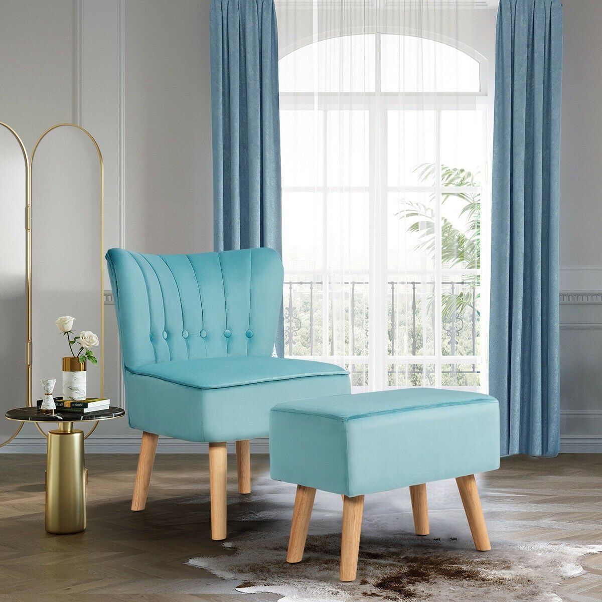 Leisure Chair and Ottoman Thick Padded Tufted Sofa Set-Blue