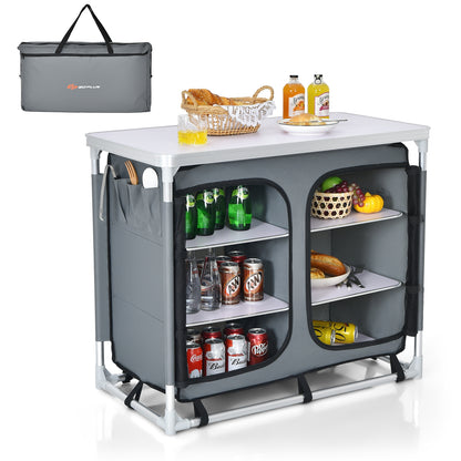 Portable Camping Kitchen Table with Storage Shelves-Gray