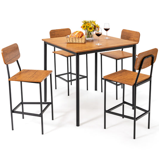 5 Pieces Industrial Dining Table Set with Counter Height Table and 4 Bar Stools-Walnut