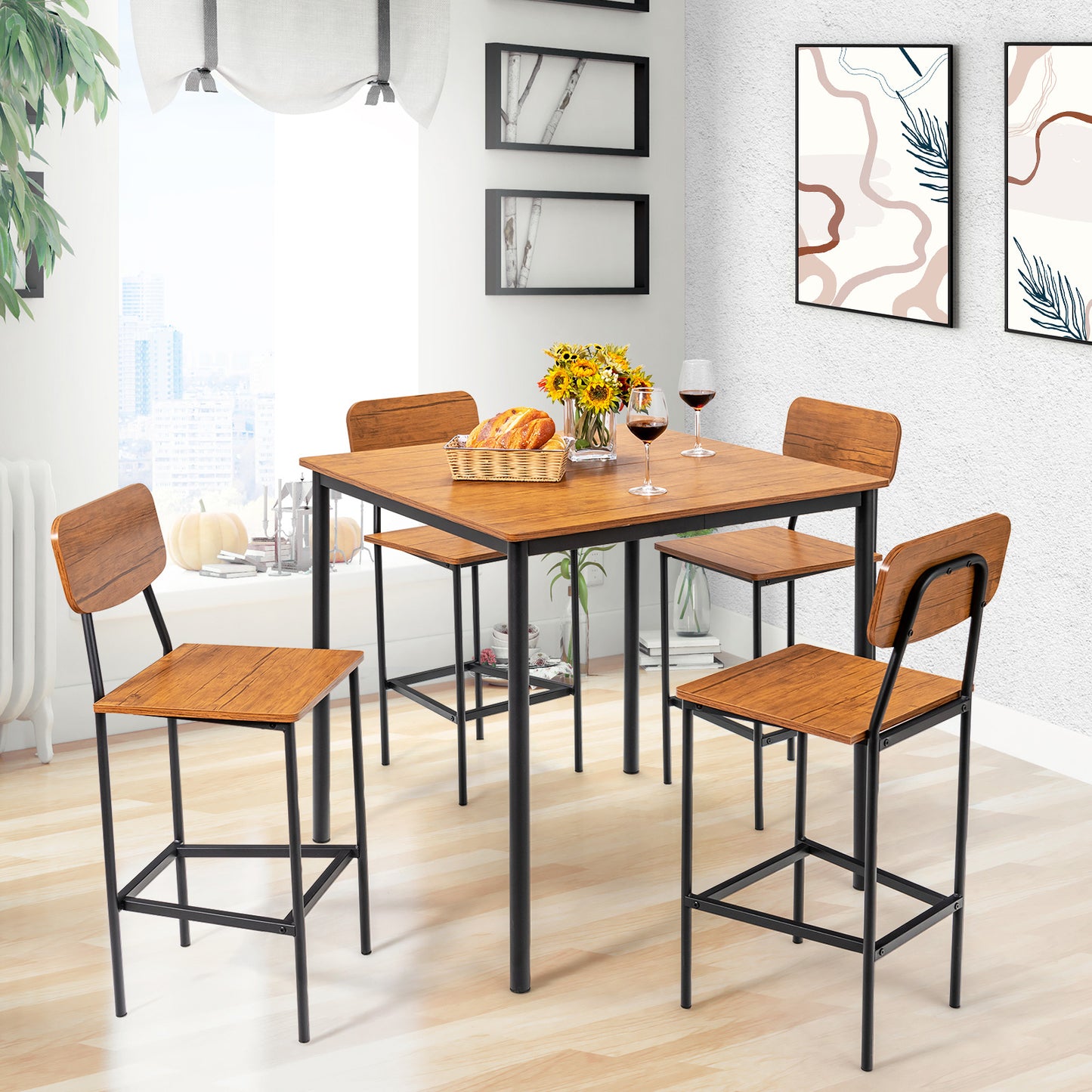 5 Pieces Industrial Dining Table Set with Counter Height Table and 4 Bar Stools-Walnut