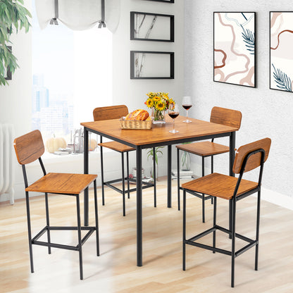 5 Pieces Industrial Dining Table Set with Counter Height Table and 4 Bar Stools-Walnut