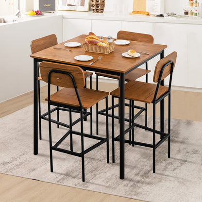 5 Pieces Industrial Dining Table Set with Counter Height Table and 4 Bar Stools-Walnut