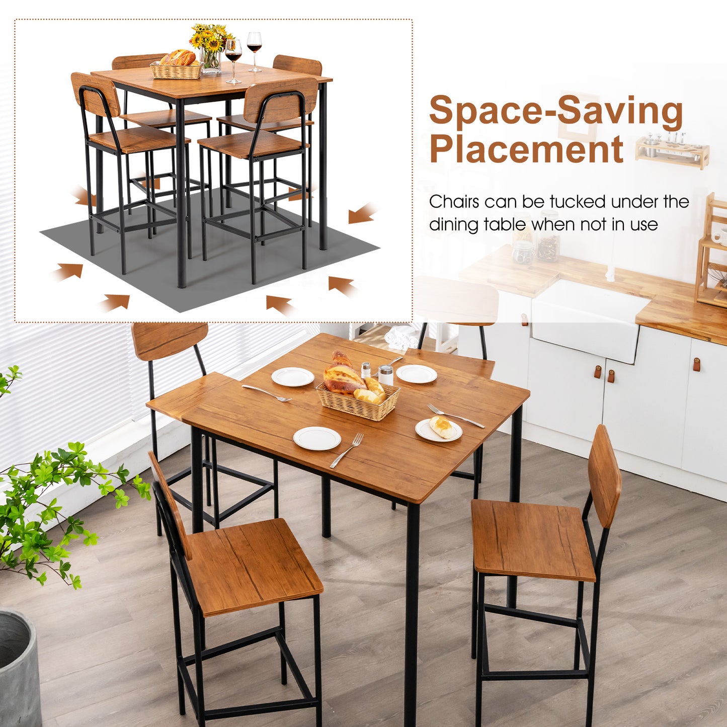 5 Pieces Industrial Dining Table Set with Counter Height Table and 4 Bar Stools-Walnut