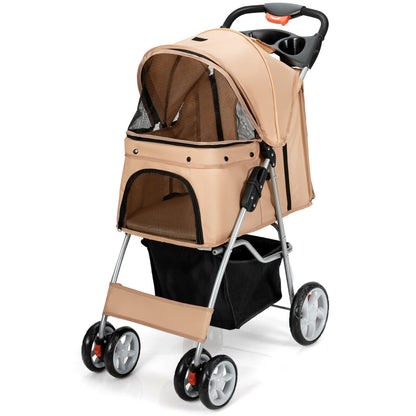 Foldable 4-Wheel Pet Stroller with Storage Basket-Beige