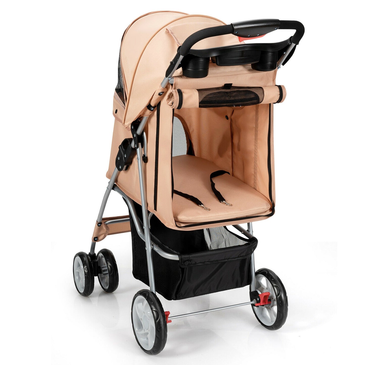 Foldable 4-Wheel Pet Stroller with Storage Basket-Beige