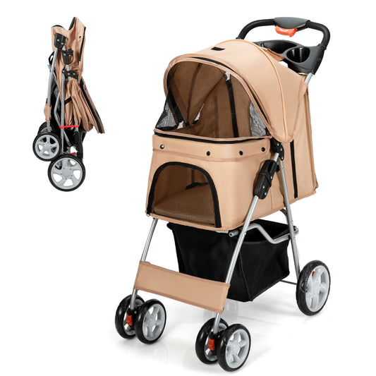 Foldable 4-Wheel Pet Stroller with Storage Basket-Beige