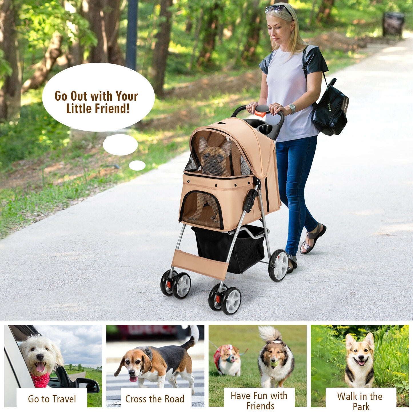 Foldable 4-Wheel Pet Stroller with Storage Basket-Beige