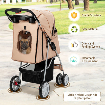 Foldable 4-Wheel Pet Stroller with Storage Basket-Beige