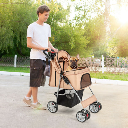 Foldable 4-Wheel Pet Stroller with Storage Basket-Beige