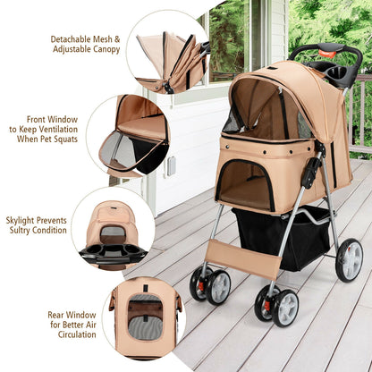 Foldable 4-Wheel Pet Stroller with Storage Basket-Beige